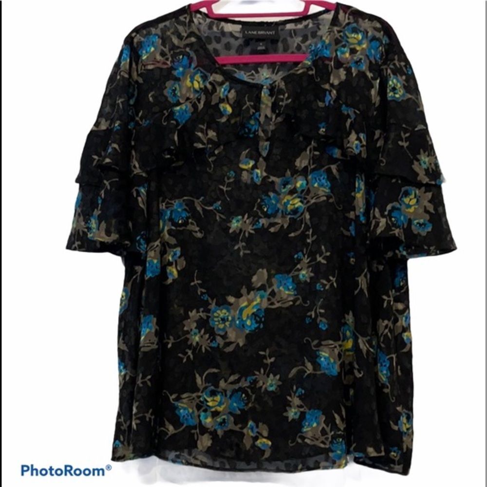 Lane Bryant Sheer Floral Blouse Plus Size Black Blue Tiered Short Sleeve Size 16
